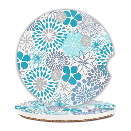 Absorbent Blue Floral Car Coasters Set of 2 - Non-Slip Cork Base