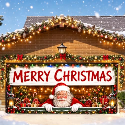 Santa's Shop Garage Door Banner - 7x16FT Christmas Outdoor Decoration - Winter Scene