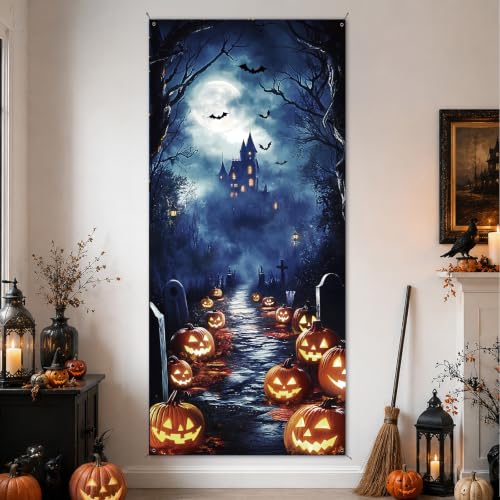 Halloween Pumpkin Castle Door Cover - 35x79 Inch Spooky Banner