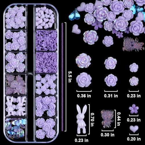 Kikonoke 3D Flower Nail Charms and Rhinestones Set - 2 Boxes Purple
