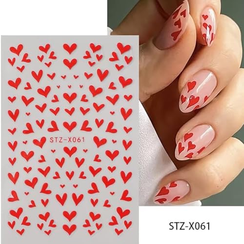 Valentines Day Nail Art Stickers 6 Sheets 3D Self-Adhesive Red Heart French Tips