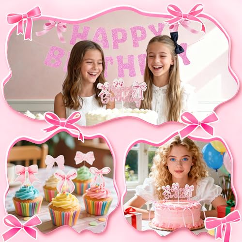 20Pcs Pink Bow Birthday Party Decorations & Cake Toppers Set