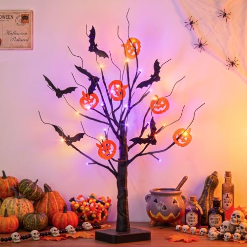EAMBRITE 22-Inch Halloween Tree with LED Lights and Bat & Pumpkin Ornaments