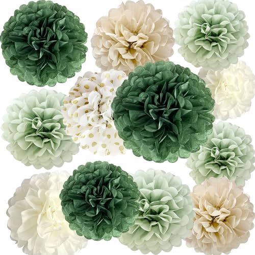 Sage Green Tissue Paper Pom Poms - 12-Piece Party Decoration Set