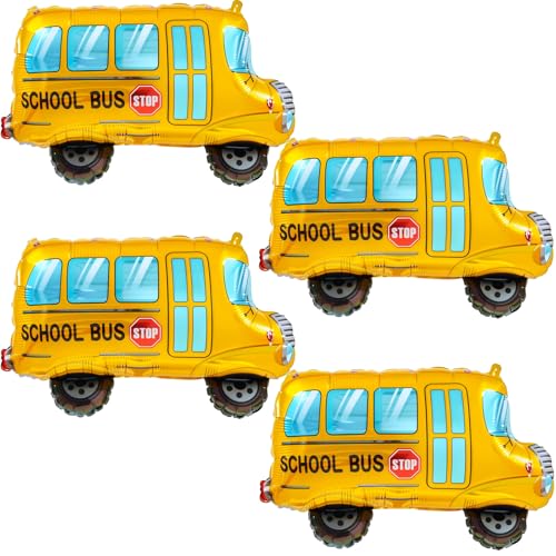 Large Yellow School Bus Foil Balloons - 4 Pack for Back to School Parties