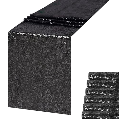 Black Sequin Table Runner 12x72 Inches - 6 Pack, Elegant Party Decor