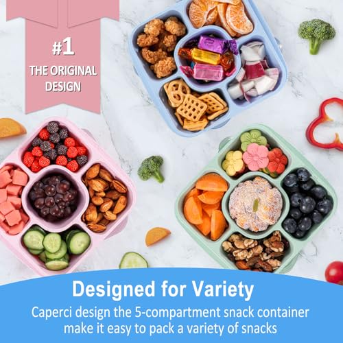 Caperci 5-Compartment Bento Snack Containers, Reusable Wheat Straw, 3-Pack