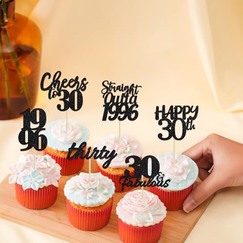 30th Birthday Cupcake Toppers - Set of 6 Black Glitter Decorations