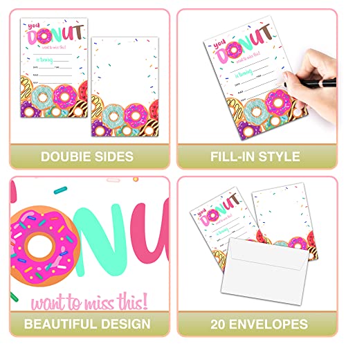 Donut Birthday Party Invitations with Envelopes, 20 Pack 4x6 Fill-In Cards