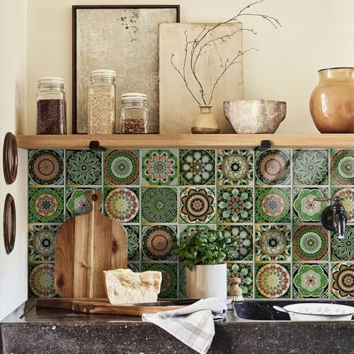 Mandala Tile Stickers 4x4IN - 24Pcs Green Peel & Stick Vinyl Tiles