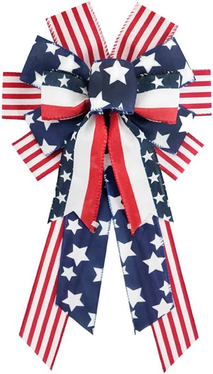 SIMISI Ribbon Patriotic Wreath Bow - 4th of July Decorations in Red, White & Blue Stars (11x20 Inch)
