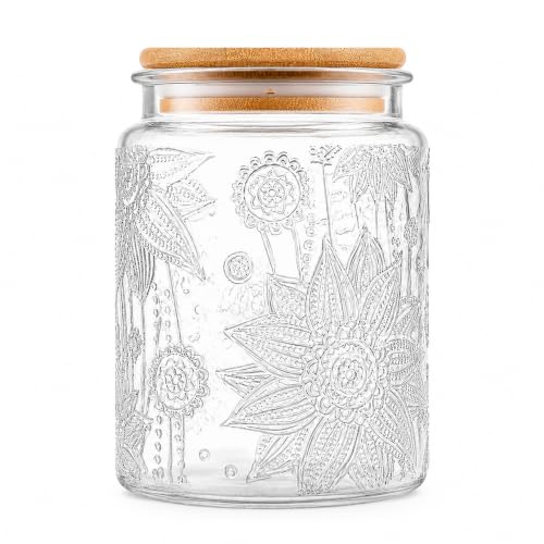 Custde Vintage Sunflower Glass Jar, 23.7oz Airtight Bamboo Lid Container
