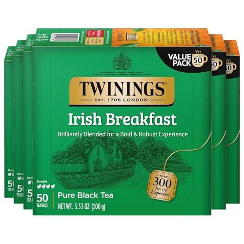 Twinings Irish Breakfast Black Tea, 50 Count (Pack of 6) - Bold & Caffeinated
