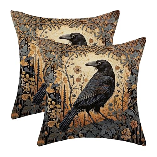 Vintage Crow Throw Pillow Covers Set of 2, 18x18 Inch Linen