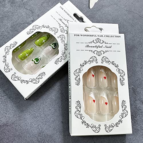 FRUZJAY 48 Pcs Medium Almond Press on Nails Valentine Heart Fake Nails