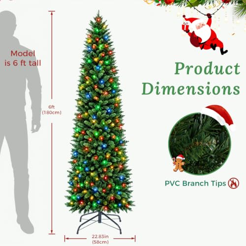 6 ft Pre-Lit Artificial Christmas Tree with Multicolor LED Lights - Green & Multicolor / Slim Profile