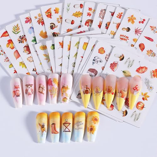 Autumn Water Nail Decals 24 Sheets Fall Thanksgiving Nail Art Stickers