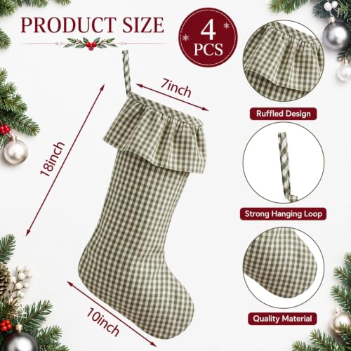 Green Gingham Christmas Stockings - 4 Pack, 18 Inches Large Ruffled Holiday Stockings