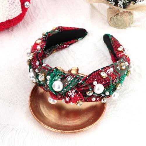 Semato Red and Green Check Christmas Knotted Headband with Pearls