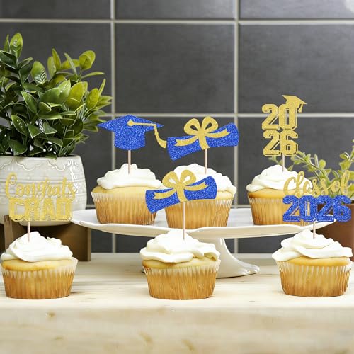30 PCS Graduation Cupcake Toppers - Class of 2026 Glitter Picks