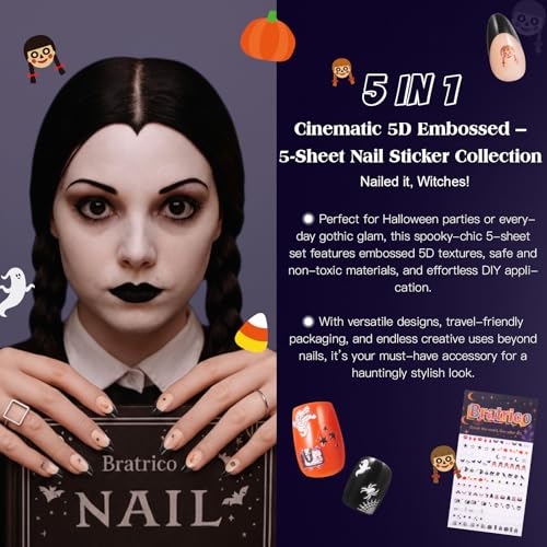 Bratrico 5D Gothic Nail Stickers - Cute Horror Body Art & Decals (5 Sheets)