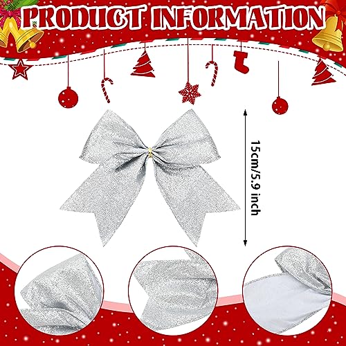 Silver Christmas Bow Decorations - 24 Pack Glitter Holiday Ornaments 6x6 Inches