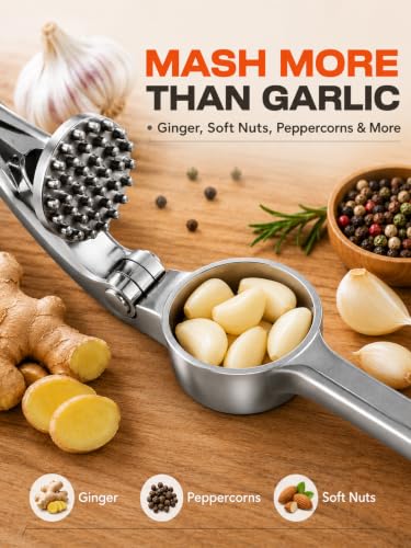 CUNSENR Silver Garlic Press and Peeler Set - Heavy Duty Mincer with Brush