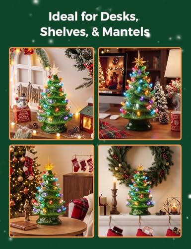 Green Ceramic Christmas Tree 13 Inch Pre-lit Tabletop Holiday Decor - Brightown