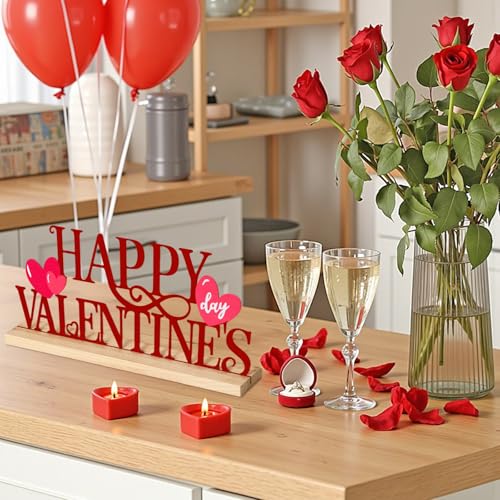 Happy Valentine's Day Metal Sign with Wooden Base - Romantic Decor