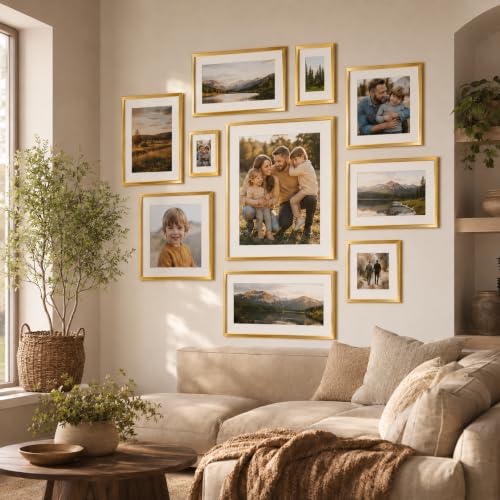 QOTIB 11x14 Gold Picture Frame with 8x10 Mat for Wall Hanging