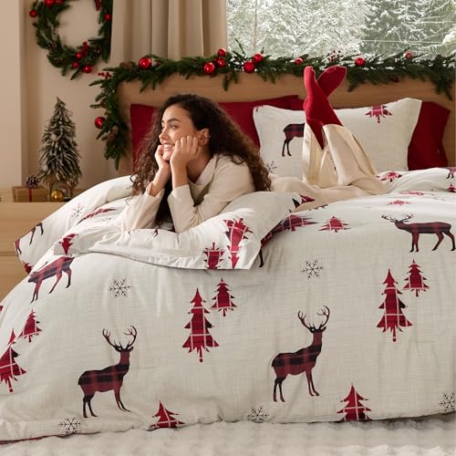 Bedsure Christmas Comforter Set Queen - Red Reindeer 3-Piece, Reversible