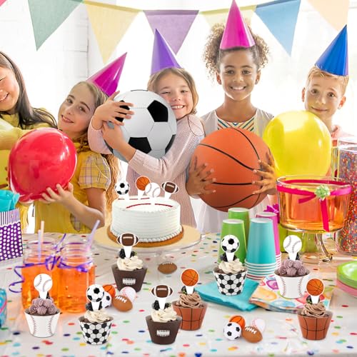48 Pack Sports Cupcake Toppers & Wrappers for Birthday Parties