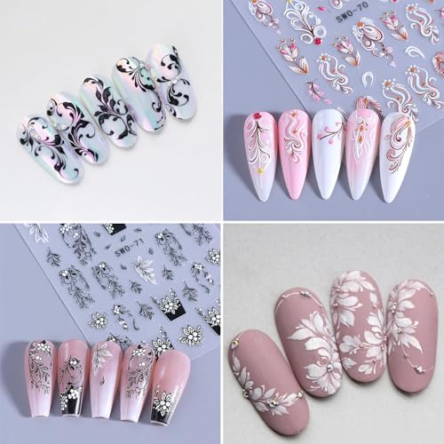 3D Embossed Floral Vine Nail Art Stickers - Retro Black White Pink Nail Decals