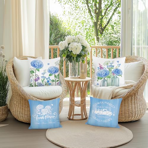 Bonhause Floral Hydrangea Throw Pillow Covers 18x18, Set of 4, Blue