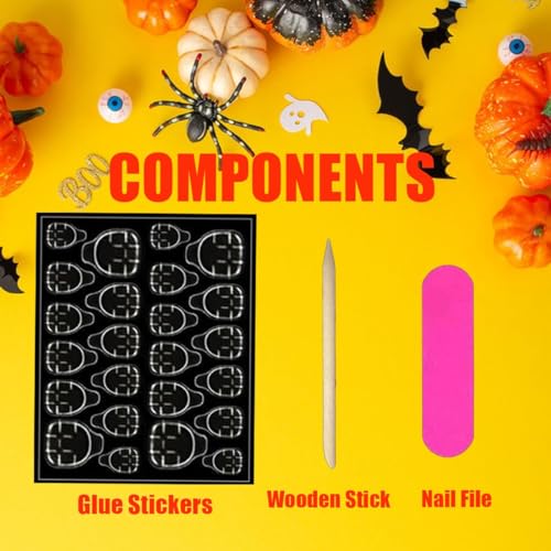 Halloween Press on Nails Short Almond Fake Nails Ghost Bat Design 24Pcs