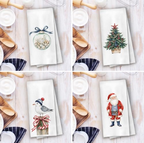Coastal Christmas Kitchen Towels Set of 4 16x24 Inches - Waffle Weave Polyester
