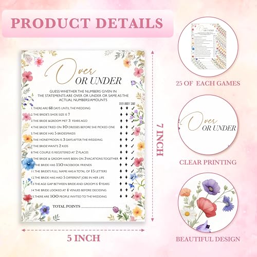 Wildflower Wedding Game Cards Set - 25 Over or Under Cards