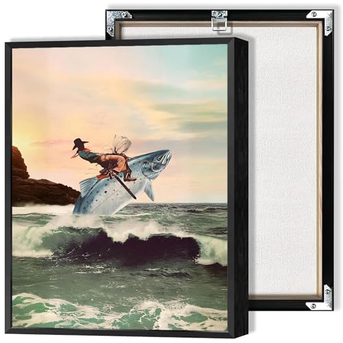 Cowboy Surfing Fish Canvas Poster - Vibrant Ocean Wall Art 8x12in