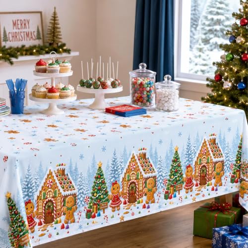 Christmas Gingerbread Tablecloths Set - Disposable Plastic Holiday Coverings