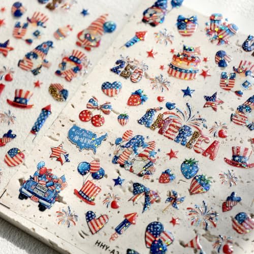KRTBKR 5D Embossed 4th of July Nail Stickers American Flag Patriotic Decals