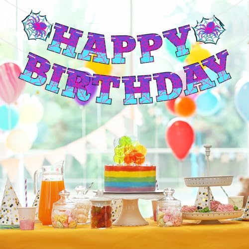 Spider Theme Birthday Banner - Pre-strung Purple Blue Decor