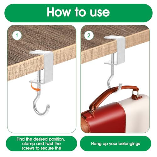 cobee Clamp-On Under Desk Hooks, Adjustable Metal Bag Hanger, 4 Pcs Silver