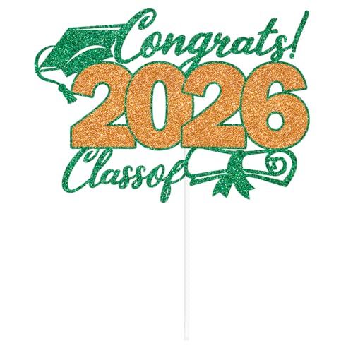 2026 Graduation Cake Topper - Green & Orange Glitter Decor