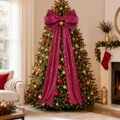 Large Burgundy Velvet Christmas Tree Topper with LED Lights - 1.97ft