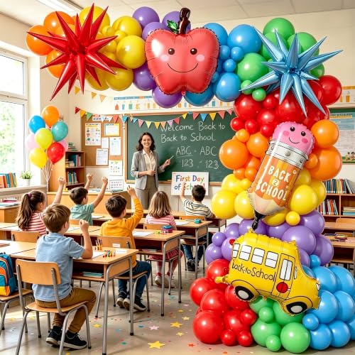 Back to School Balloon Arch Kit - 161Pcs Rainbow Balloons & Foil Designs