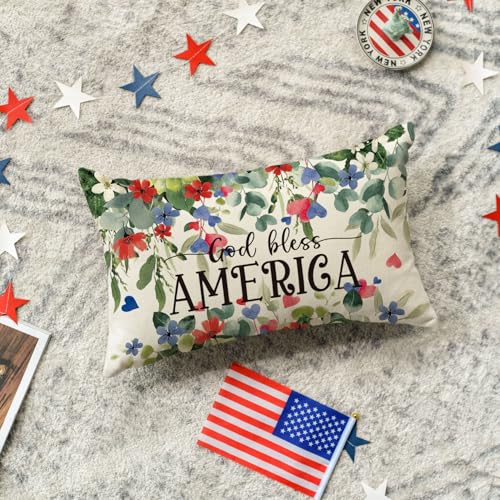Patriotic 4th of July Throw Pillow Cover - 12x20 Inch God Bless America Decor