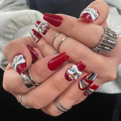 Ricefod Handmade Press on False Nails Luxury Coffin Red Medium 10pcs