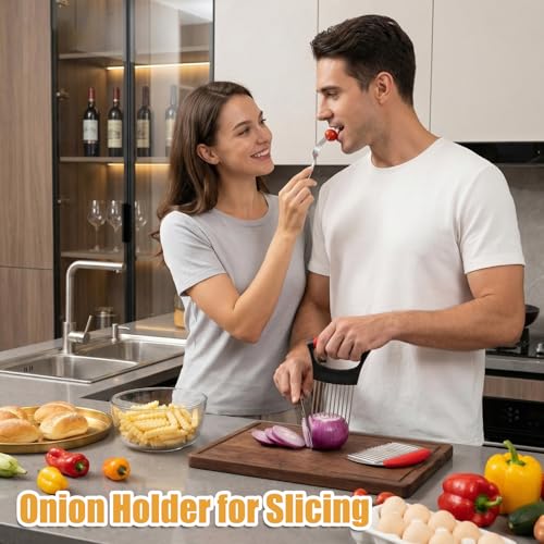 Stainless Steel Onion Holder with French Fry Cutter | Safe Slicing Tool