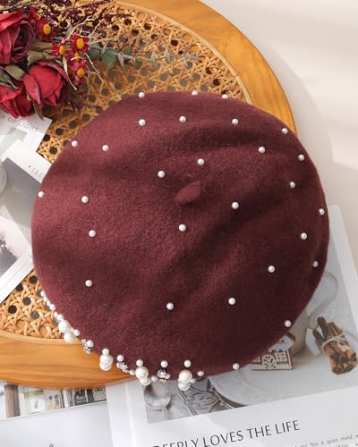 AWAYTR French Wool Beret Hat with Pearls & Rhinestones for Women