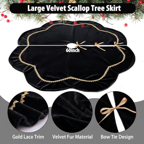 Christmas Tree Skirt Velvet 60 Inch Black Scalloped Edge with Gold Lace